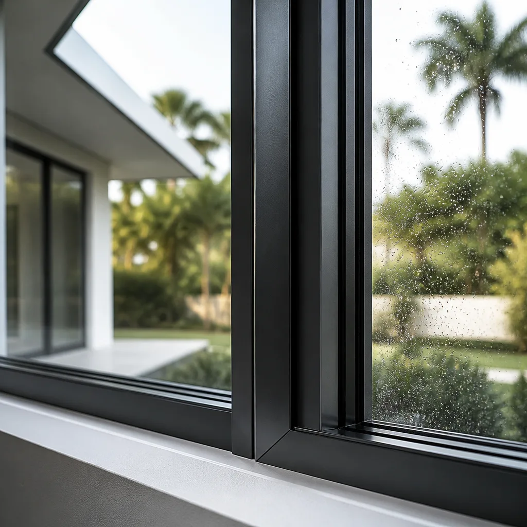 Modern black window frame installation with scenic garden view